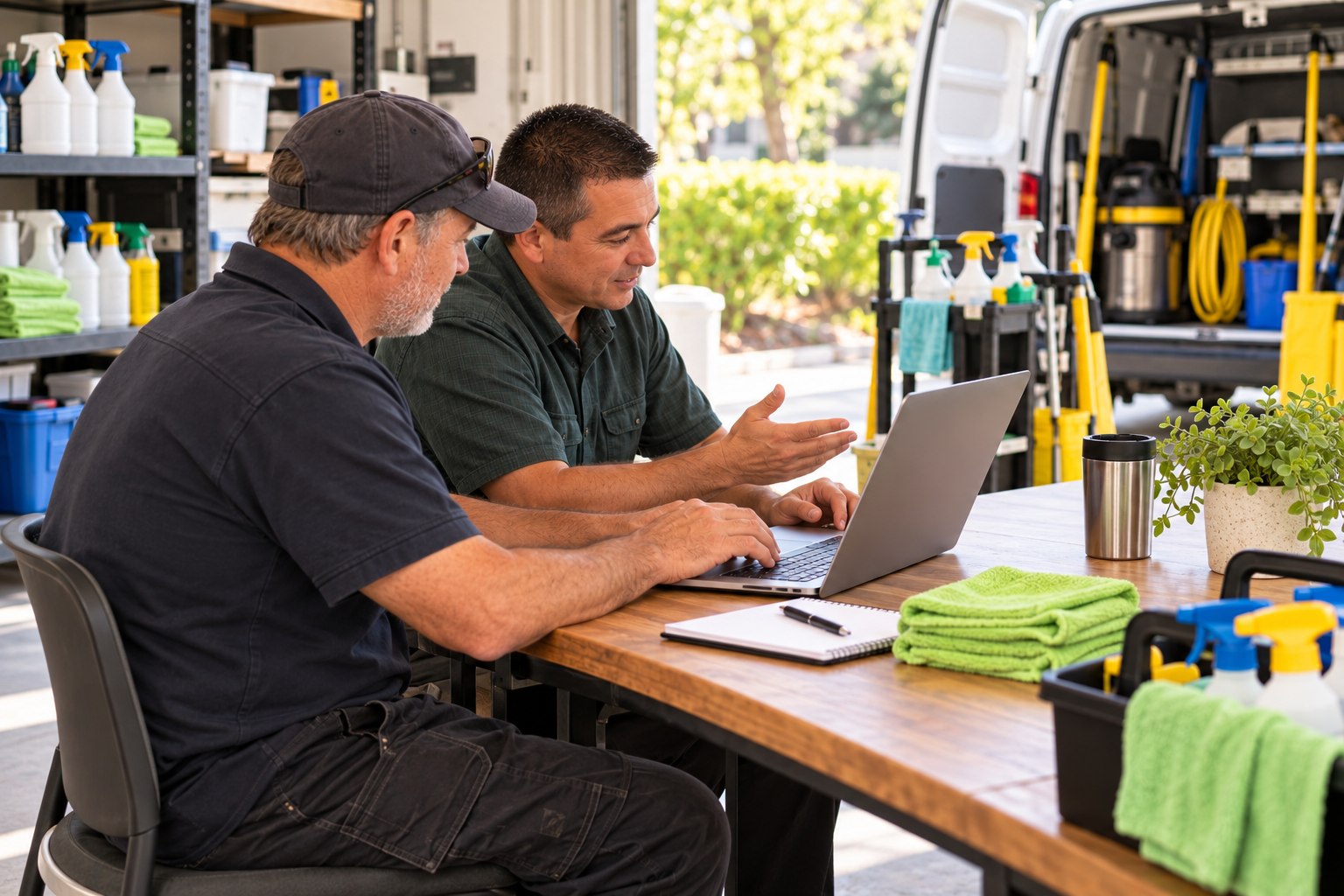 Side view of Allen guiding a cleaner at his laptop. Illustrative scene.