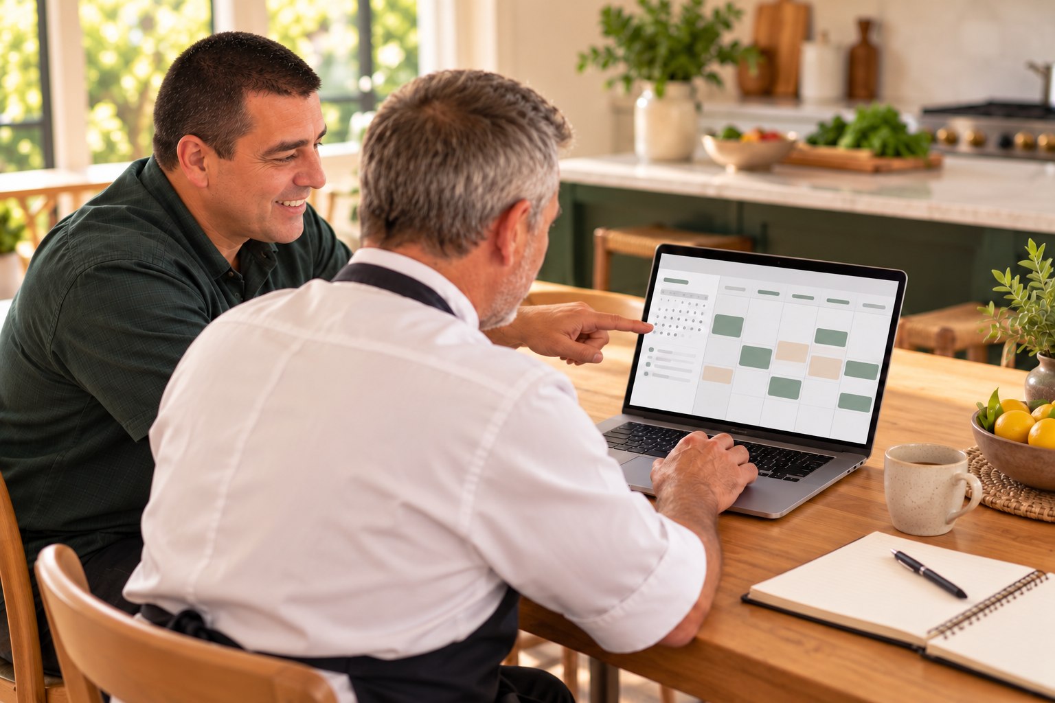 Over-the-shoulder illustration of a chef using his booking calendar with Allen’s guidance