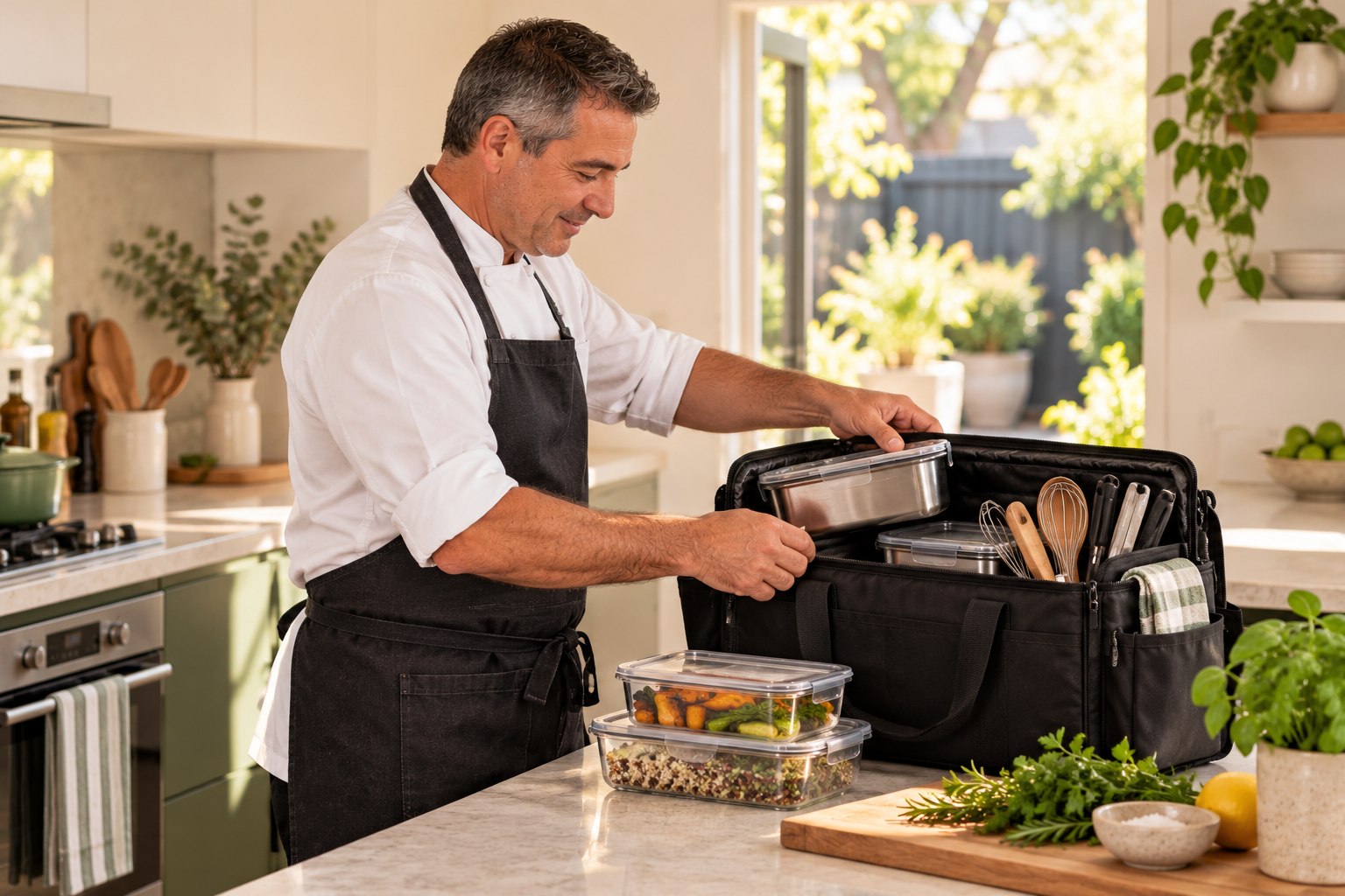 Illustrative scene of an independent chef getting ready for a client’s cooking visit